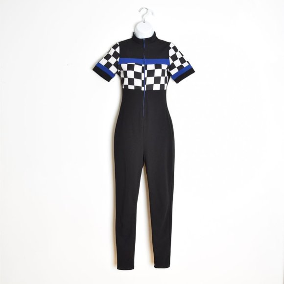 vintage y2k jumpsuit black checkerboard race print one piece outfit playsuit XS - Picture 1 of 8
